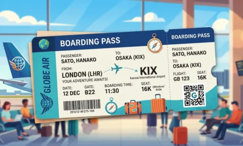 ロンドン発大阪行きの飛行機ボーディングパス（搭乗券）のイラスト
